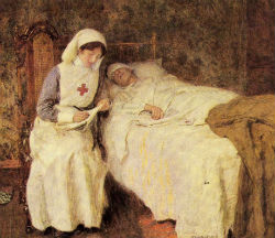 Red Crossnurse writes a letter for an injured patient