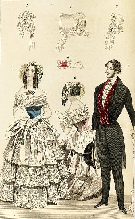 1844 fashion plate depicting fashionable clothing for men and women including illustrations of a glove and bonnets Magasin fr konst nyheter och moder 1844 illustration nr 8