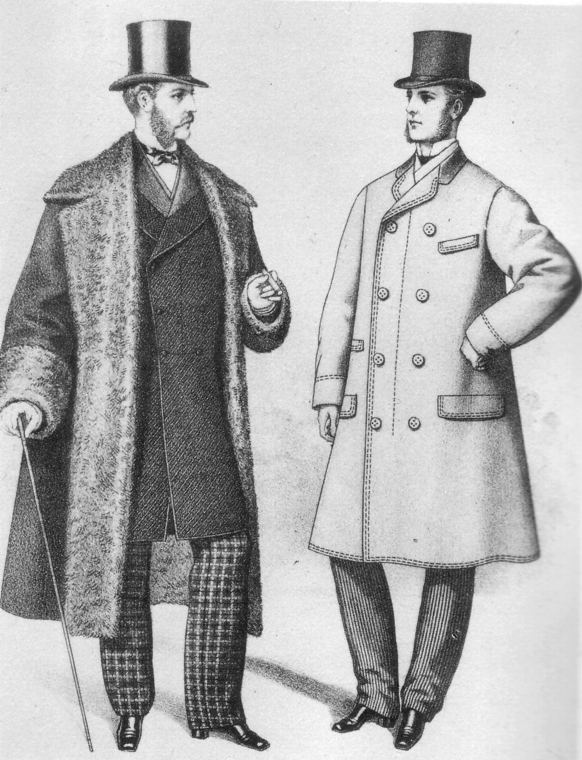 PublicDomain Overcoat left and topcoat right from The Gazette of Fashion 1872 5 187 Mens Coats 1872 Fashion Plate